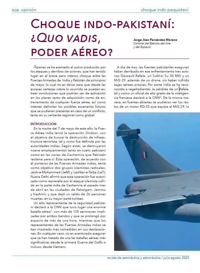 Primera página del artículo «Choque indo-pakistaní: ¿Quo vadis, poder aéreo?».